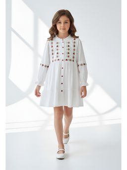 Bella Moda - White Cotton Floral Embroidered Dress