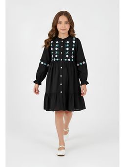 Bella Moda - Navy Blue Cotton Floral Embroidered Dress