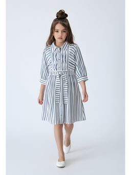 Bella Moda - Navy Blue Cotton Full Sleeves Striped Dress with Belt