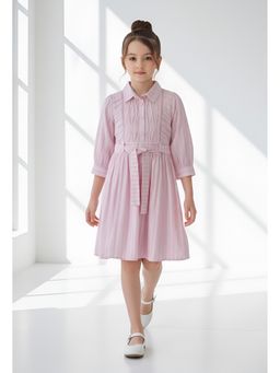 Bella Moda - Pink Cotton Full Sleeves Striped Dress with Belt