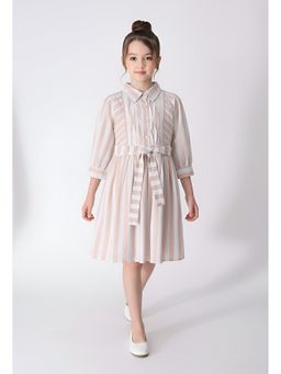 Bella Moda - Beige Cotton Full Sleeves Striped Dress with Belt