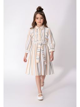 Bella Moda - White Cotton Full Sleeves Striped Dress with Belt