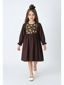 Bella Moda - Brown Cotton Full Floral Embroidered Dress