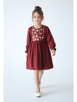 Bella Moda - Maroon Cotton Full Floral Embroidered Dress