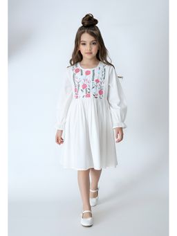 Bella Moda - White Cotton Full Floral Embroidered Dress