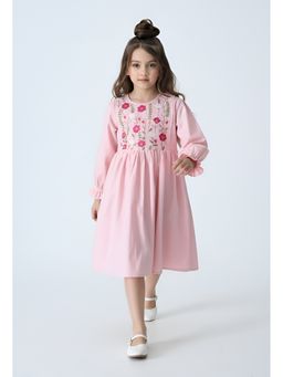 Bella Moda - Pink Cotton Full Floral Embroidered Dress
