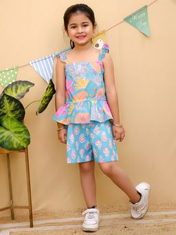 Tiny Bugs - Sky Blue Frill Sleeves Top with Shorts