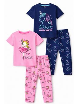 Trampoline - Cotton Blend Knit Unicorn and Ballet Printed T-Shirt and Pant (Pack Of 2)