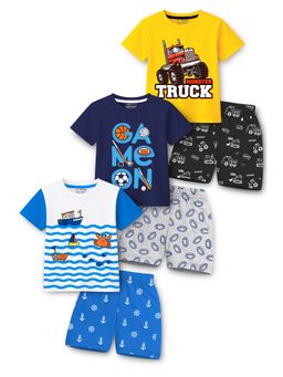 Trampoline - Cotton Blend Knit Beach Theme Printed T-Shirt and Shorts (Pack Of 3)