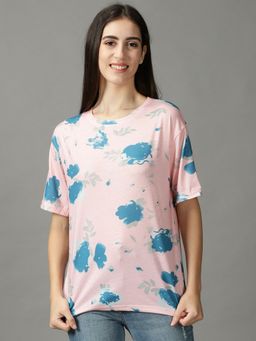 SHOWOFF - Womens Round Neck Printed Pink Regular Top