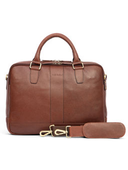 Mai Soli - Men Tan Genuine Leather Wall Street Dual Zip Laptop Bag with Detachable Strap