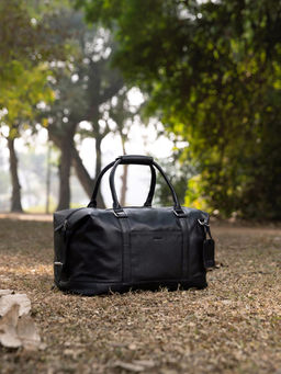 Mai Soli - Unisex Black Genuine Leather Duffel Bag with Detachable Strap