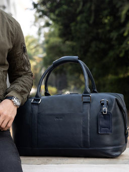 Mai Soli - Unisex Navy Blue Genuine Leather Duffel Bag with Detachable Strap