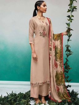 Ganga Fashions - Beige Bemberg Silk Unstitched Kurta and Unstitched Bottom with Dupatta (Set of 3)