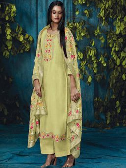 Ganga Fashions - Green Organza Floral Unstitched Kurta and Unstitched Bottom with Dupatta (Set of 3)