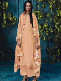 Ganga Fashions - Peach Organza Floral Unstitched Kurta and Unstitched Bottom with Dupatta (Set of 3)