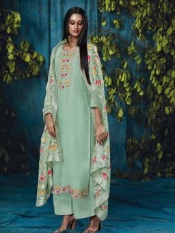 Ganga Fashions - Green Organza Floral Unstitched Kurta and Unstitched Bottom with Dupatta (Set of 3)