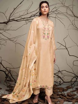 Ganga Fashions - Beige Bemberg Silk Unstitched Kurta and Unstitched Bottom with Dupatta (Set of 3)