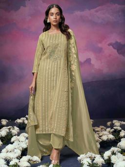 Ganga Fashions - Green Organza Unstitched Kurta and Unstitched Bottom with Dupatta (Set of 3)