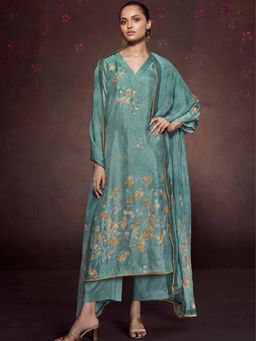 Ganga Fashions - Teal Bemberg Silk Unstitched Kurta and Unstitched Bottom with Dupatta (Set of 3)