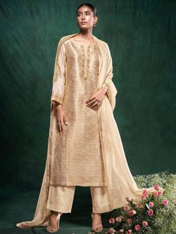 Ganga Fashions - Beige Silk Jacquard Unstitched Kurta and Unstitched Bottom with Dupatta (Set of 3)