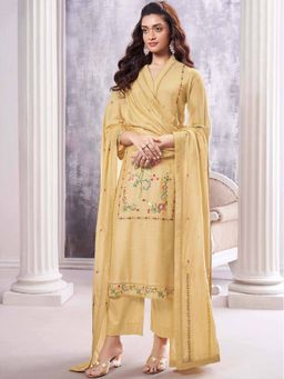 Ganga Fashions - Mustard Bemberg Silk Unstitched Kurta and Unstitched Bottom with Dupatta (Set of 3)