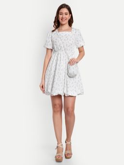 IKI CHIC - White Floral Printed Skater Dress with Short Puff Sleeves