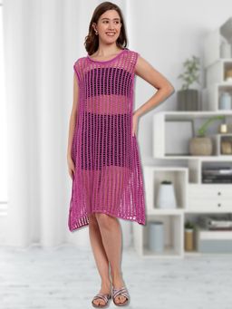 IKI CHIC - Purple Crochet Beach Coverup with A Round Neckline and Sleeveless Design
