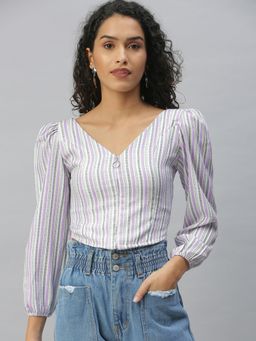 SHOWOFF - Women V-Neck Vertical Stripes Purple Crop Top
