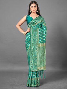 Akhilam - Womens Silk Blend Sea Green Woven Design Designer Saree with Unstitched Blouse