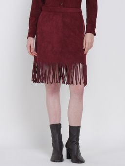 Cover Story - Women Wine Suede Fringe Skirt