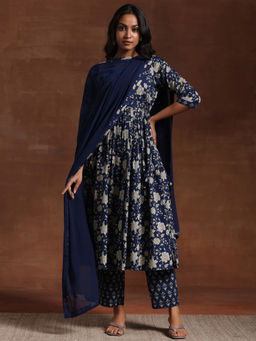 Libas - Navy Blue Printed Kurta with Pant and Dupatta (Set of 3)