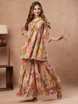 FASHOR - Brown Floral Printed Mirror Embroidered Kurti with Sharara (Set of 2)