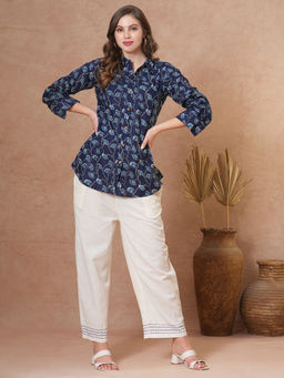 FASHOR - Navy Blue Ethnic Floral Printed Straight Fit Shirt with Pant (Set of 2)