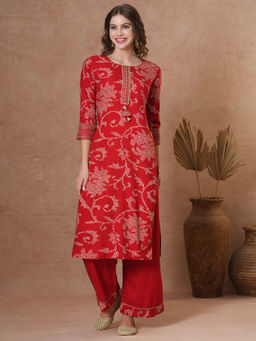 FASHOR - Red Ethnic Bandhani Printed Straight Fit Kurta with Pant (Set of 2)