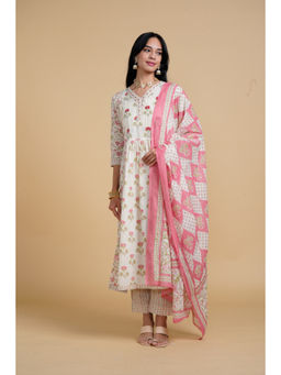 SAAKI - Blooming Elegance White and Pink Kurta Pant with Dupatta (Set of 3)