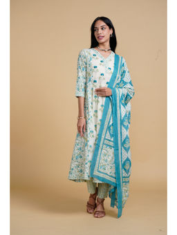 SAAKI - Blooming Elegance White and Blue Kurta Pant with Dupatta (Set of 3)