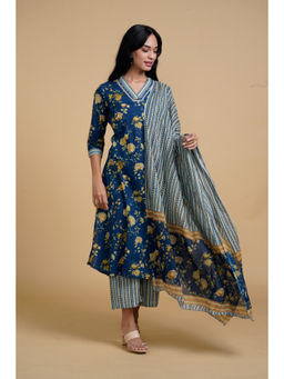 SAAKI - Blooming Elegance Navy Blue Kurta with Pant and Dupatta (Set of 3)