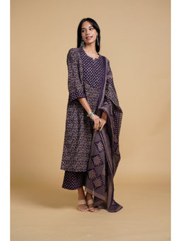 SAAKI - Blooming Elegance Navy Blue All Over Print Kurta Pant with Dupatta (Set of 3)