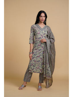 SAAKI - Blooming Elegance Grey All Over Print Floral Kurta Pant with Dupatta (Set of 3)