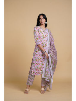 SAAKI - Blooming Elegance Floral Over Lap Design Lavender Kurta Pant with Dupatta (Set of 3)