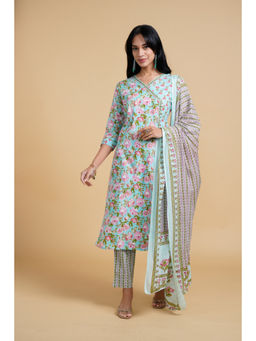 SAAKI - Blooming Elegance Floral Over Lap Design Green Kurta Pant with Dupatta (Set of 3)