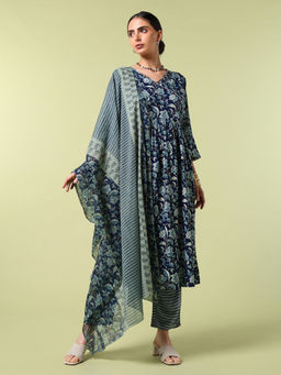 SAAKI - Navy Blue Vibrant Roots Floral Print Kurta Pant with Dupatta (Set of 3)