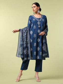 SAAKI - Vibrant Roots Blue Printed Kurta Pant with Dupatta (Set of 3)