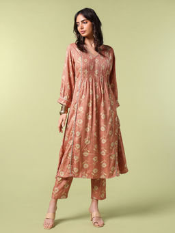 SAAKI - Brown Vibrant Roots Blossom Floral Print Kurta with Pant (Set of 2)
