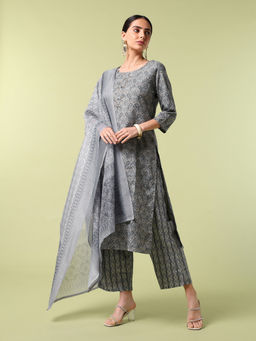 SAAKI - Vibrant Roots Slate Grey Printed Kurta Pant with Dupatta (Set of 3)