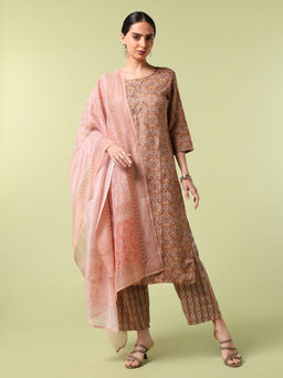 SAAKI - Vibrant Roots Brown Printed Kurta Pant with Dupatta (Set of 3)