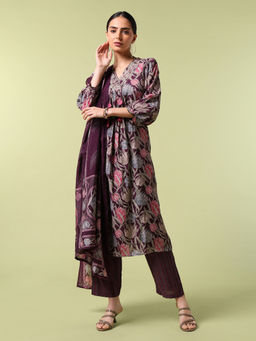 SAAKI - Vibrant Roots Floral Printed Purple Kurta Pant with Dupatta (Set of 3)