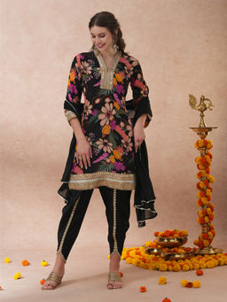 FASHOR - Black Floral Printed & Embroidered A-Line Kurta Dhoti and Dupatta (Set of 3)