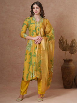 FASHOR - Yellow Floral Printed A-Line Kurta with Pant and Dupatta (Set of 3)